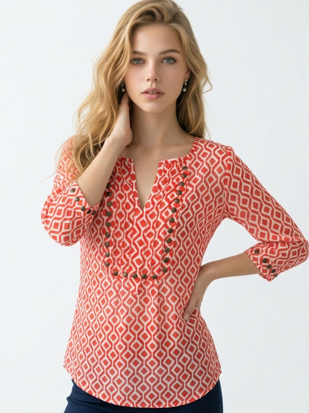 41 HAWTHORN Geometric Pin Tuck Studded Blouse V Neck Orange White